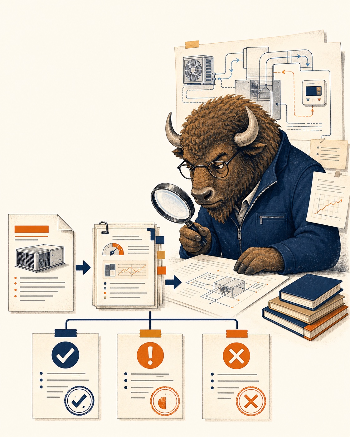 A bison researcher checks HVAC software claims against technical documents and sorts the findings into verified, partial, and unsupported.